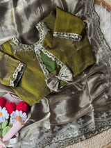 Soft Satin Embroidered Saree with Sequins Jari Work & Scallop Border Designer Stitch Blouse