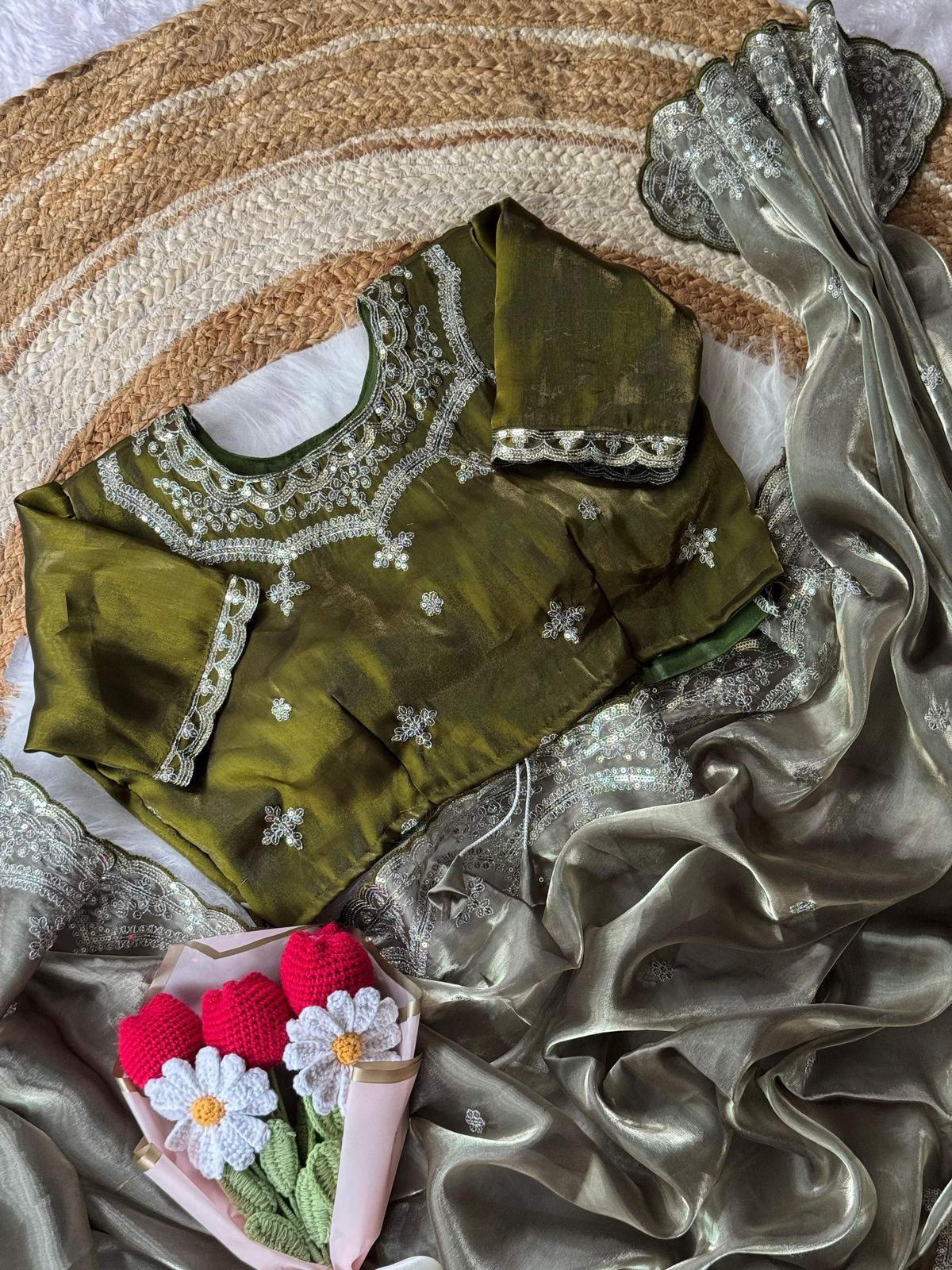 Soft Satin Embroidered Saree with Sequins Jari Work & Scallop Border Designer Stitch Blouse