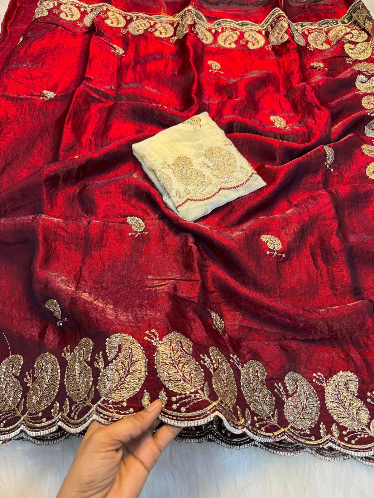Elegant Space Silk Embroidered Saree with Sequins Bits Work Blouse