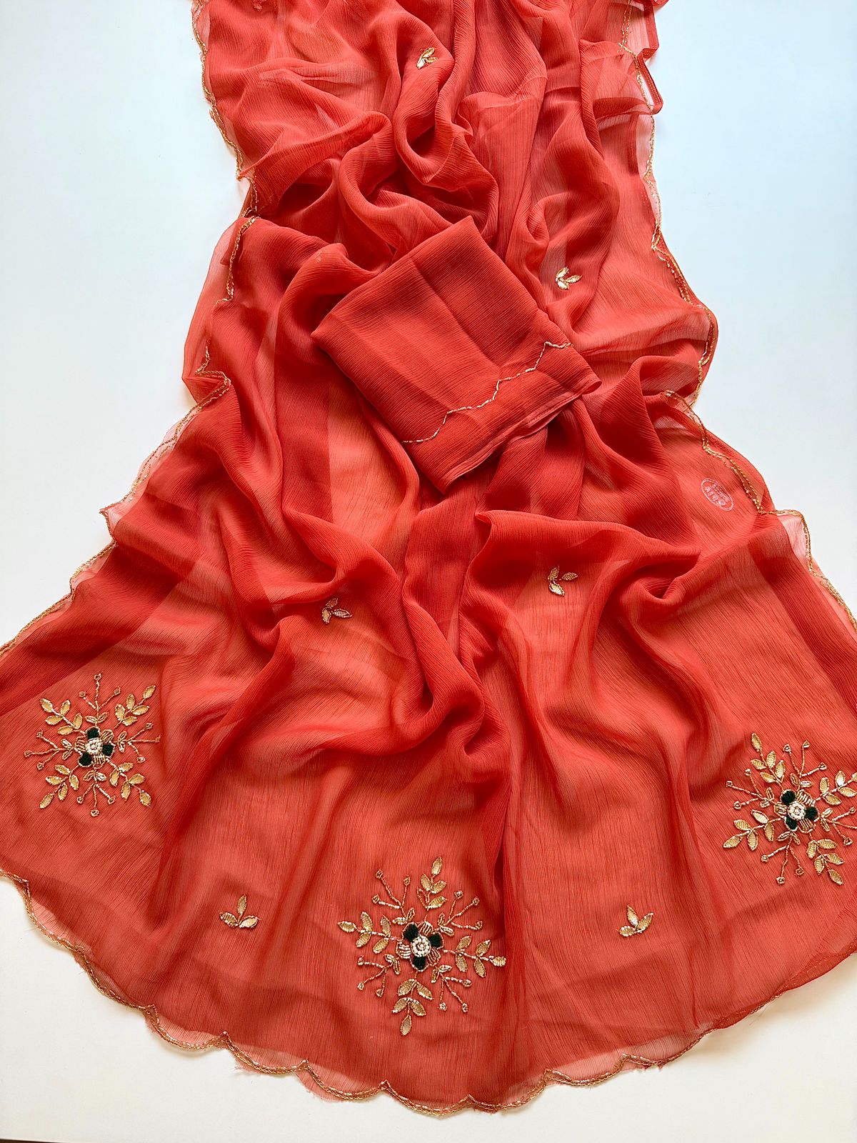 Premium Pure Chiffon Handmade Saree with Patch Work & Designer Handwork Blouse
