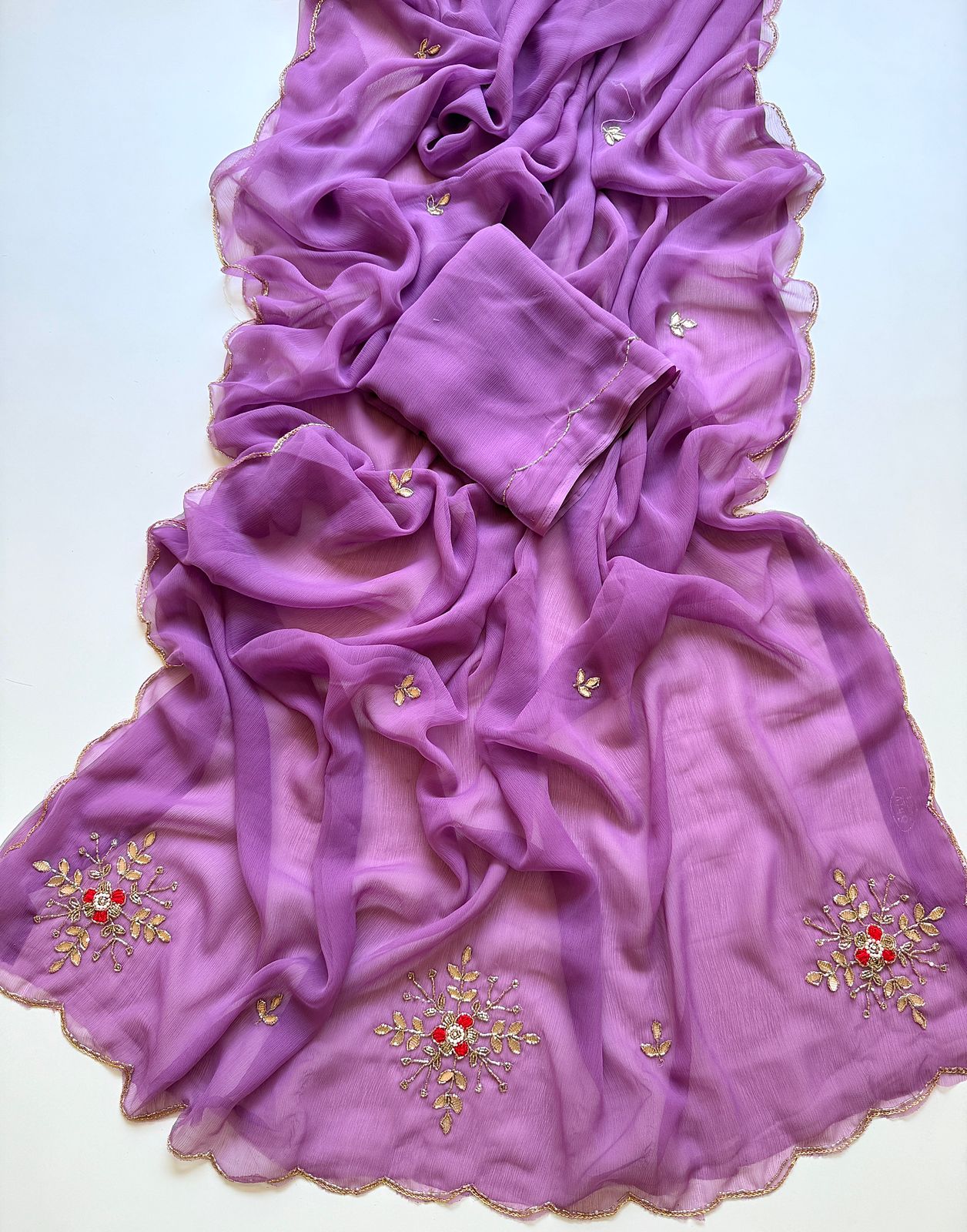 Premium Pure Chiffon Handmade Saree with Patch Work & Designer Handwork Blouse