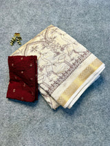 Premium Pure Tussar Silk Saree with Intricate Embroidery Border & Designer Butti Work with Extra Blouse