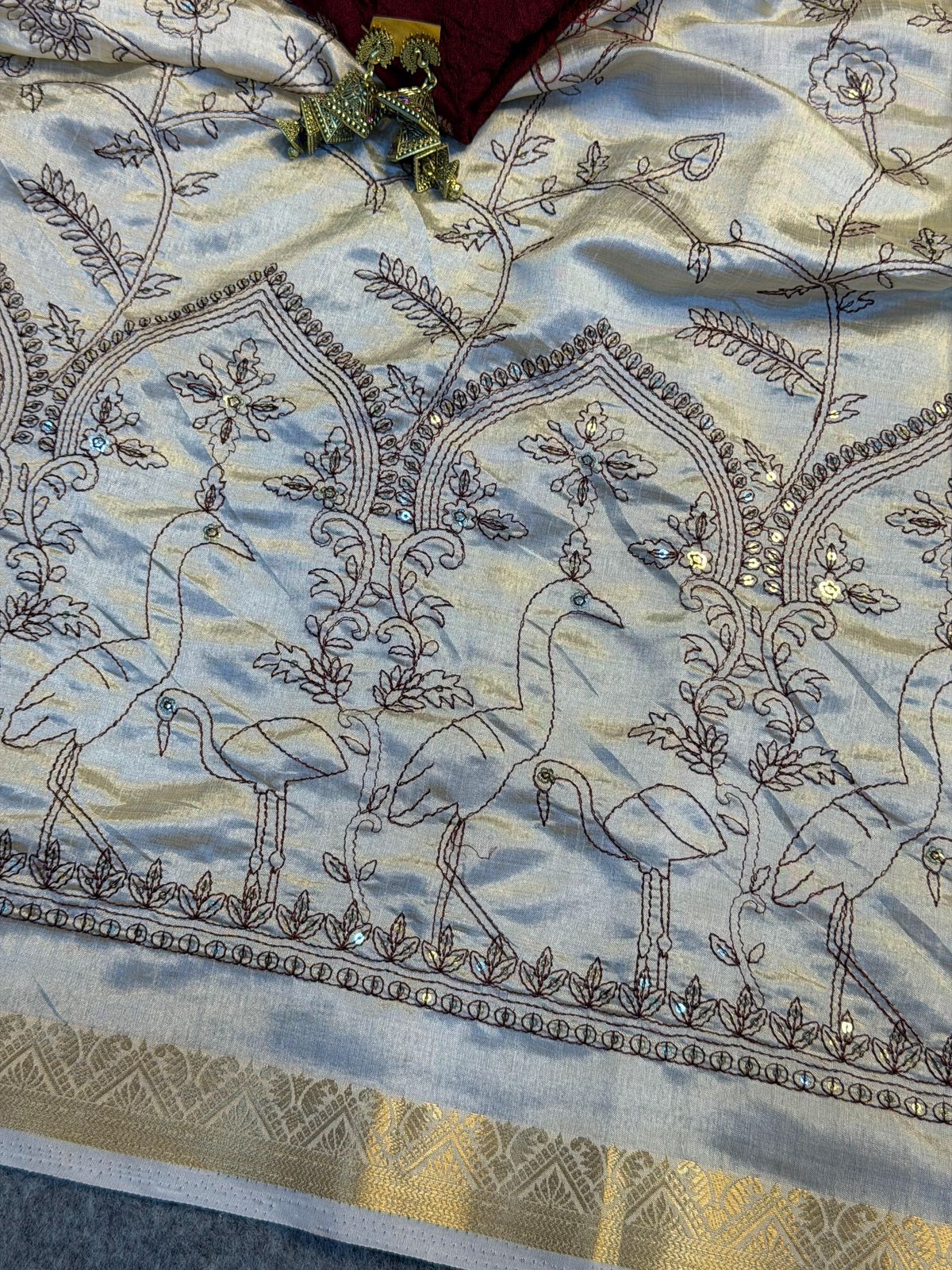 Premium Pure Tussar Silk Saree with Intricate Embroidery Border & Designer Butti Work with Extra Blouse