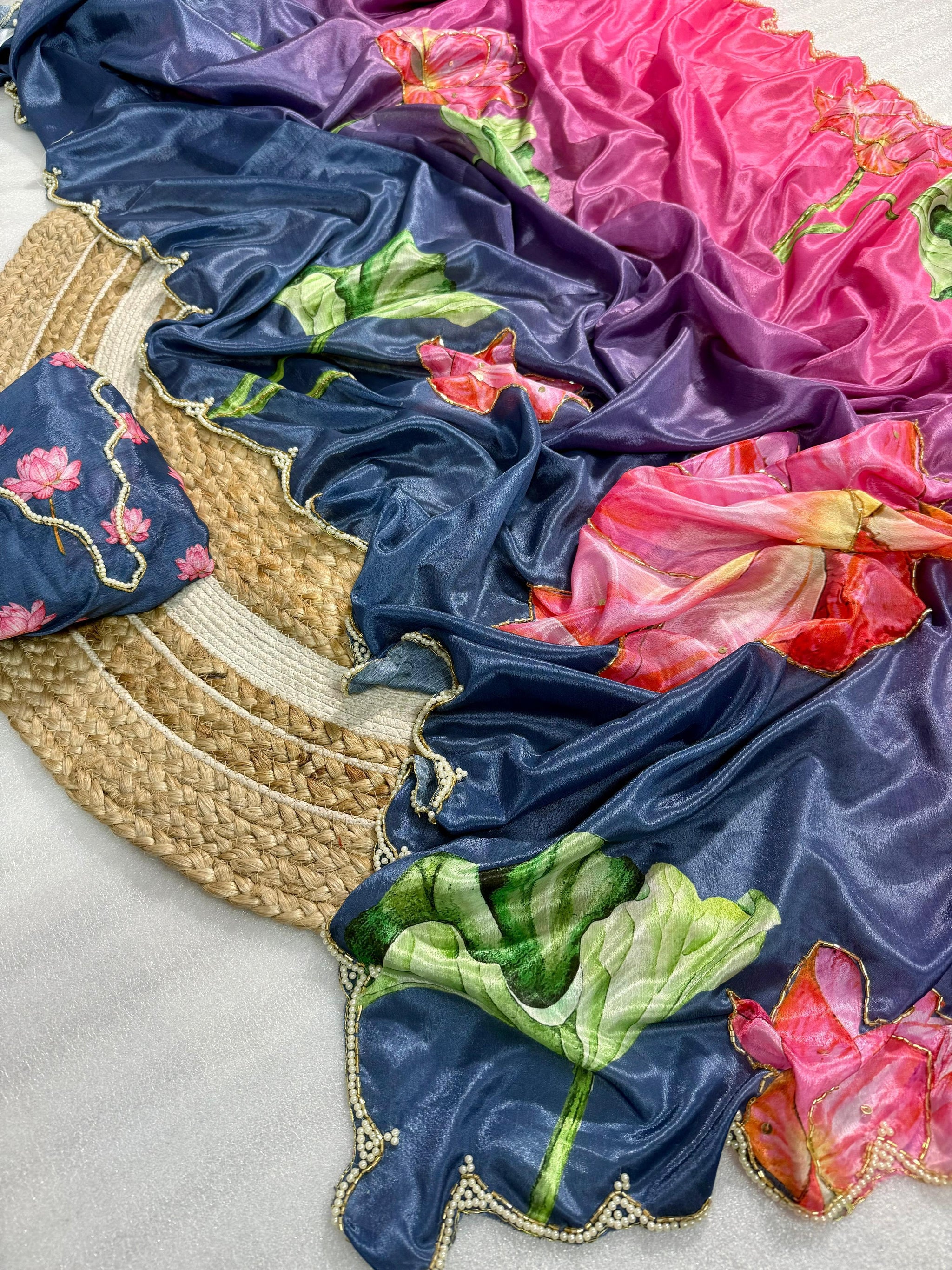 Pure Malai Silk Saree with Digital Floral Print & Pearl Handwork Blouse