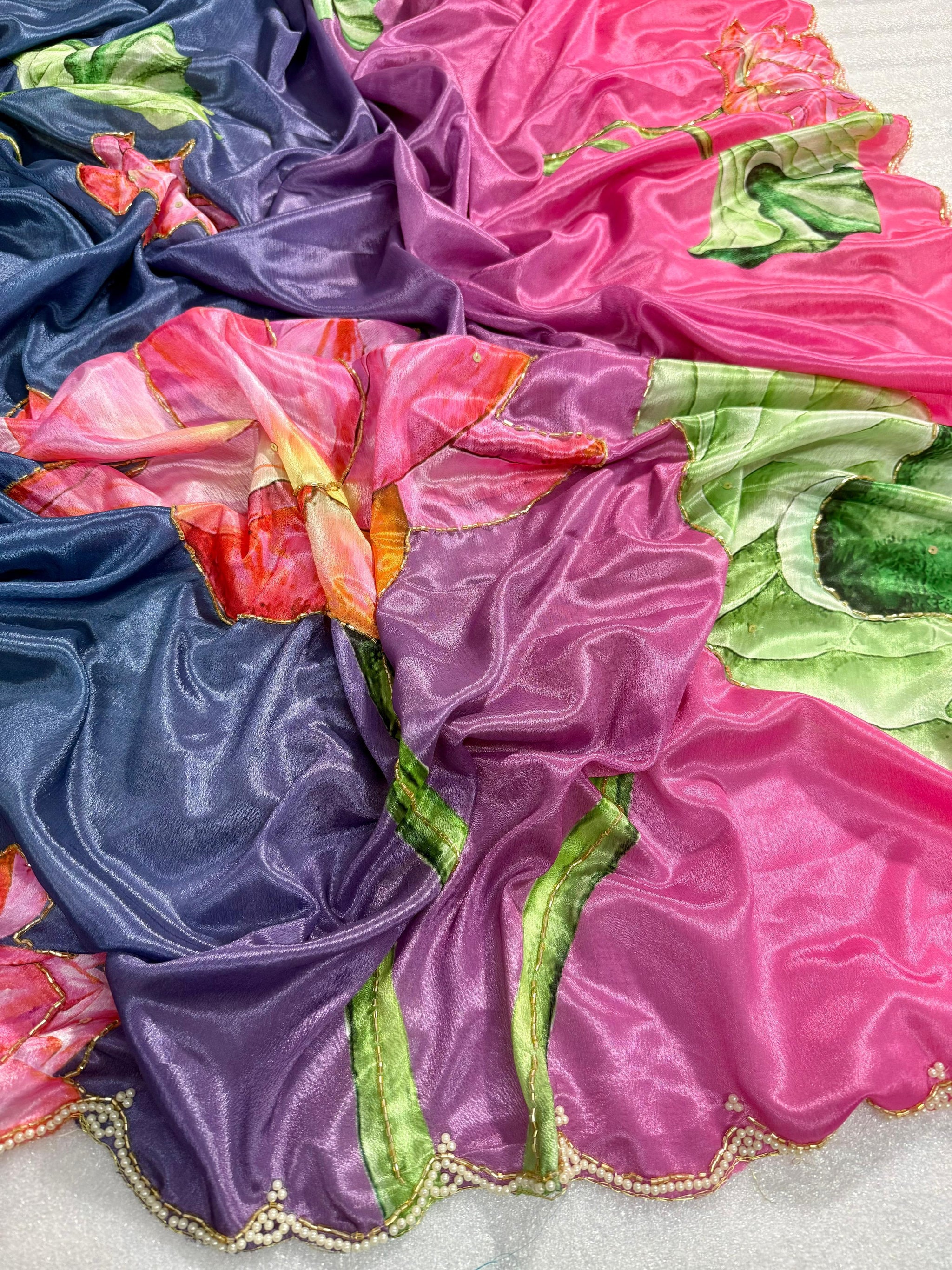 Pure Malai Silk Saree with Digital Floral Print & Pearl Handwork Blouse