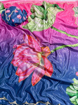 Pure Malai Silk Saree with Digital Floral Print & Pearl Handwork Blouse