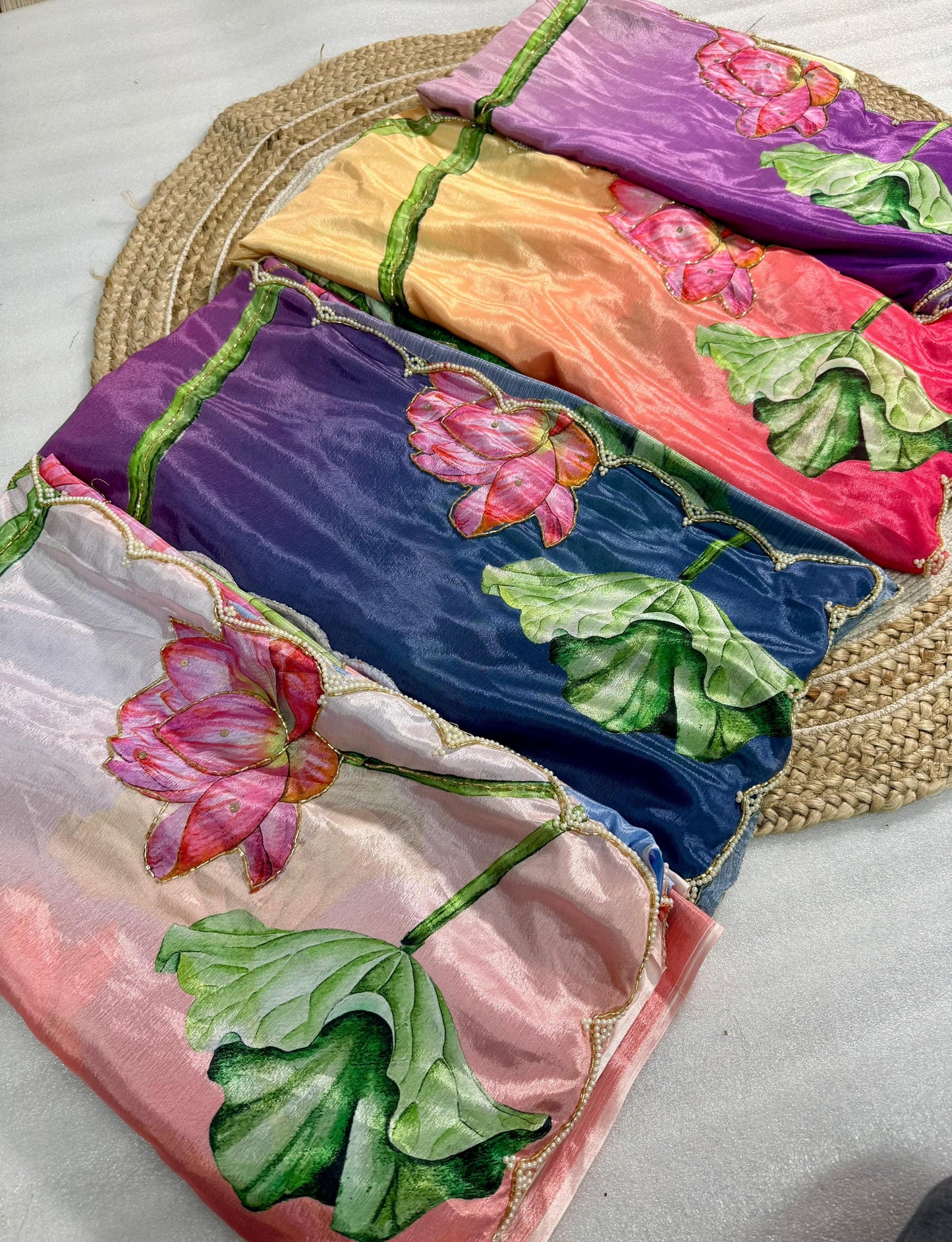 Pure Malai Silk Saree with Digital Floral Print & Pearl Handwork Blouse
