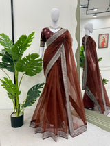 Party Wear Organza Silk Saree with Sequins Work and Designer Blouse