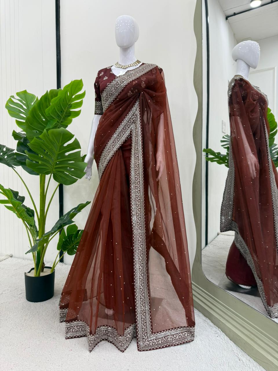 Party Wear Organza Silk Saree with Sequins Work and Designer Blouse