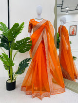 Party Wear Organza Silk Saree with Sequins Work and Designer Blouse