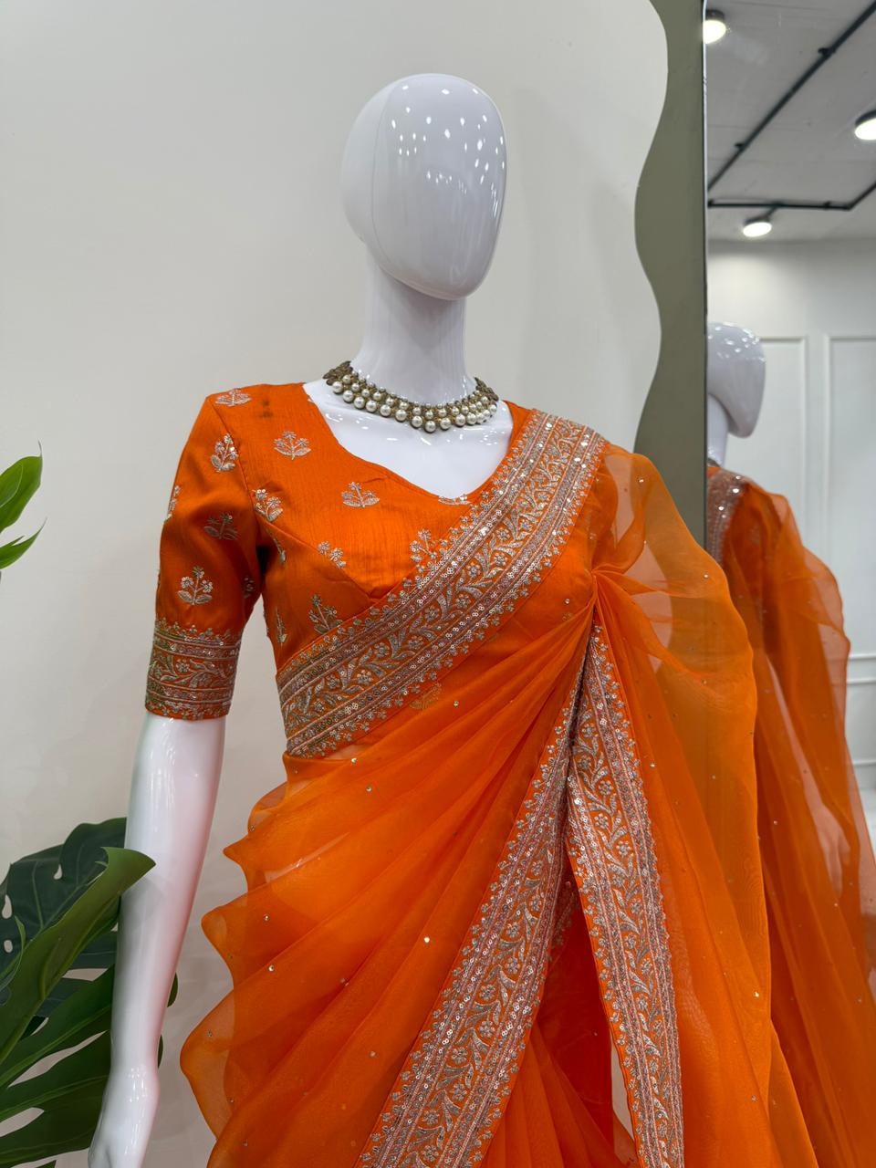 Party Wear Organza Silk Saree with Sequins Work and Designer Blouse
