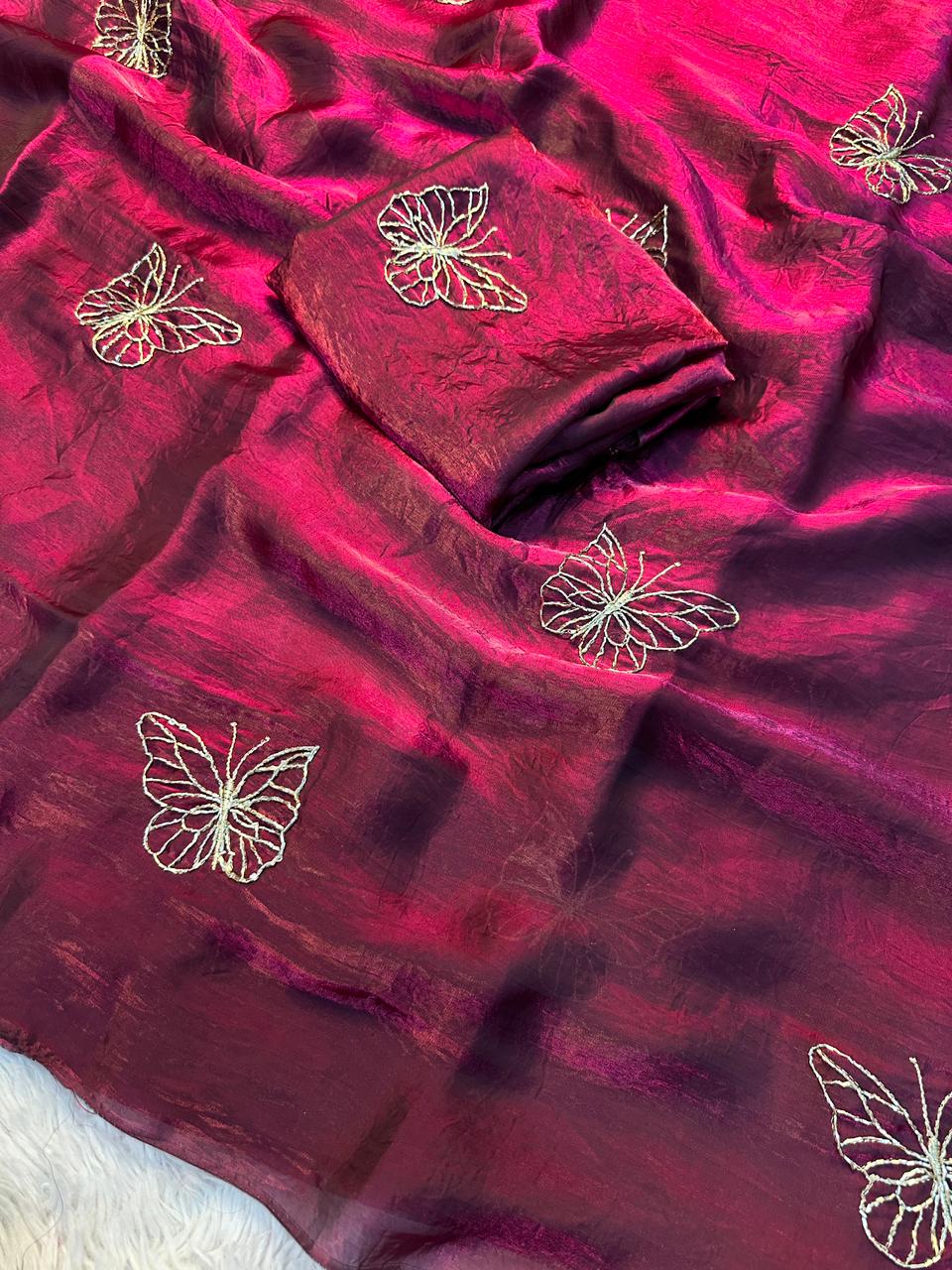Designer Space Silk Saree with Butterfly Beads Handwork and Embroidered Blouse