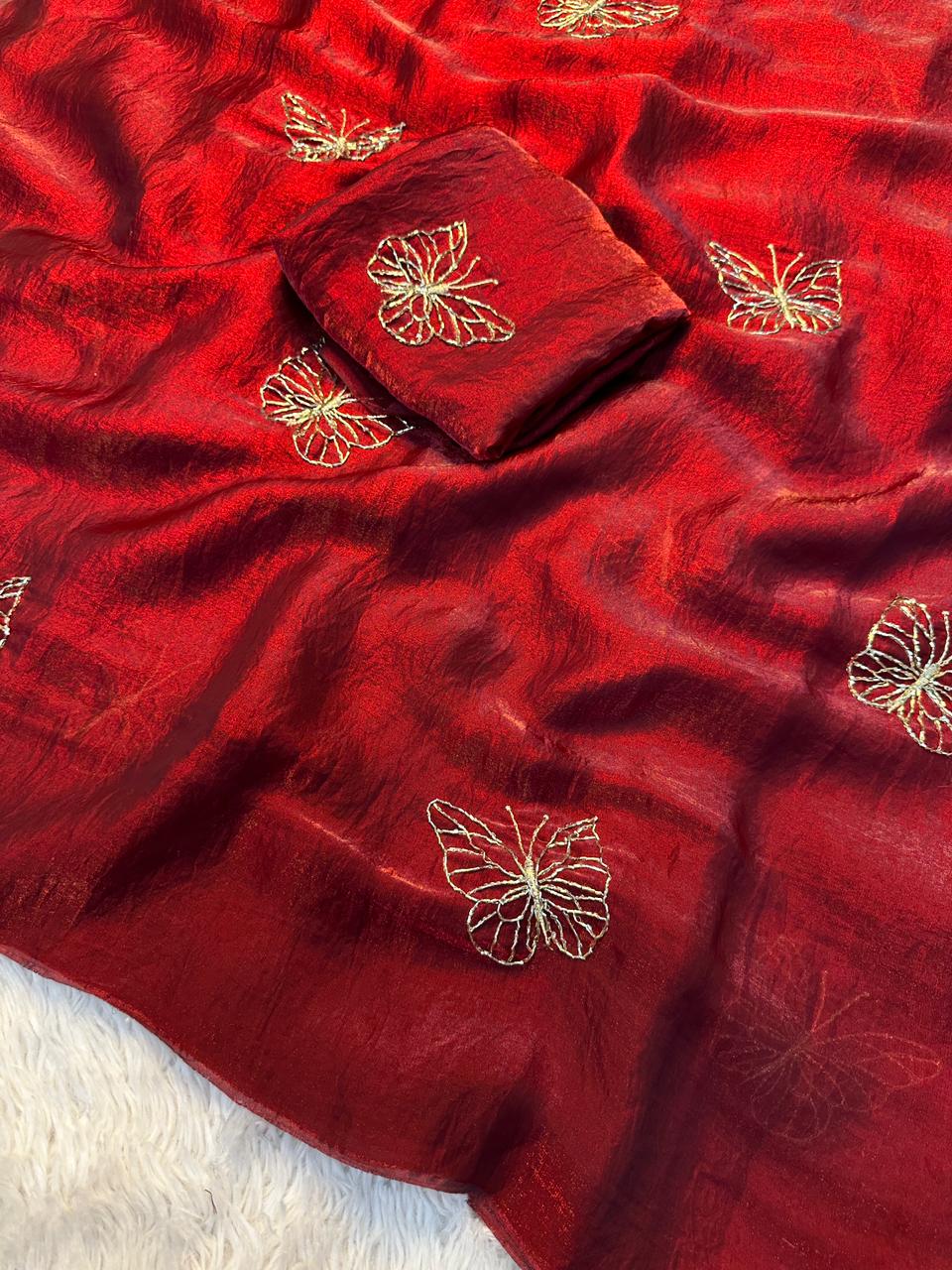 Designer Space Silk Saree with Butterfly Beads Handwork and Embroidered Blouse