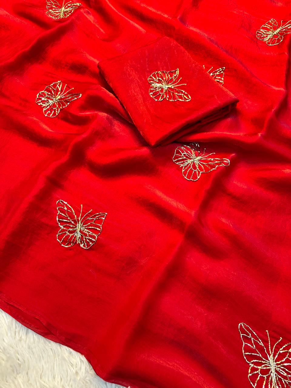 Designer Space Silk Saree with Butterfly Beads Handwork and Embroidered Blouse