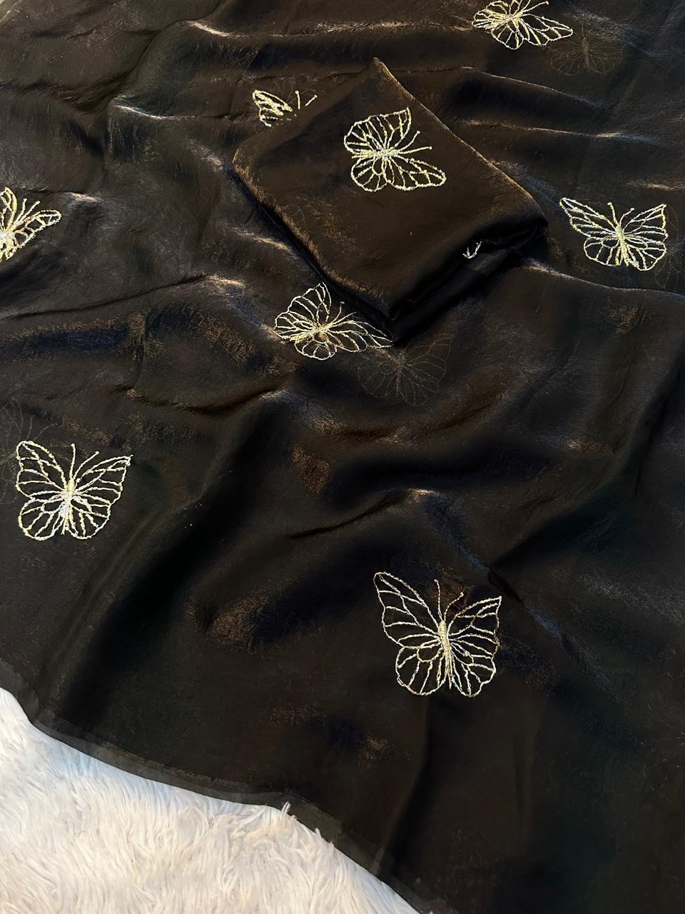 Designer Space Silk Saree with Butterfly Beads Handwork and Embroidered Blouse