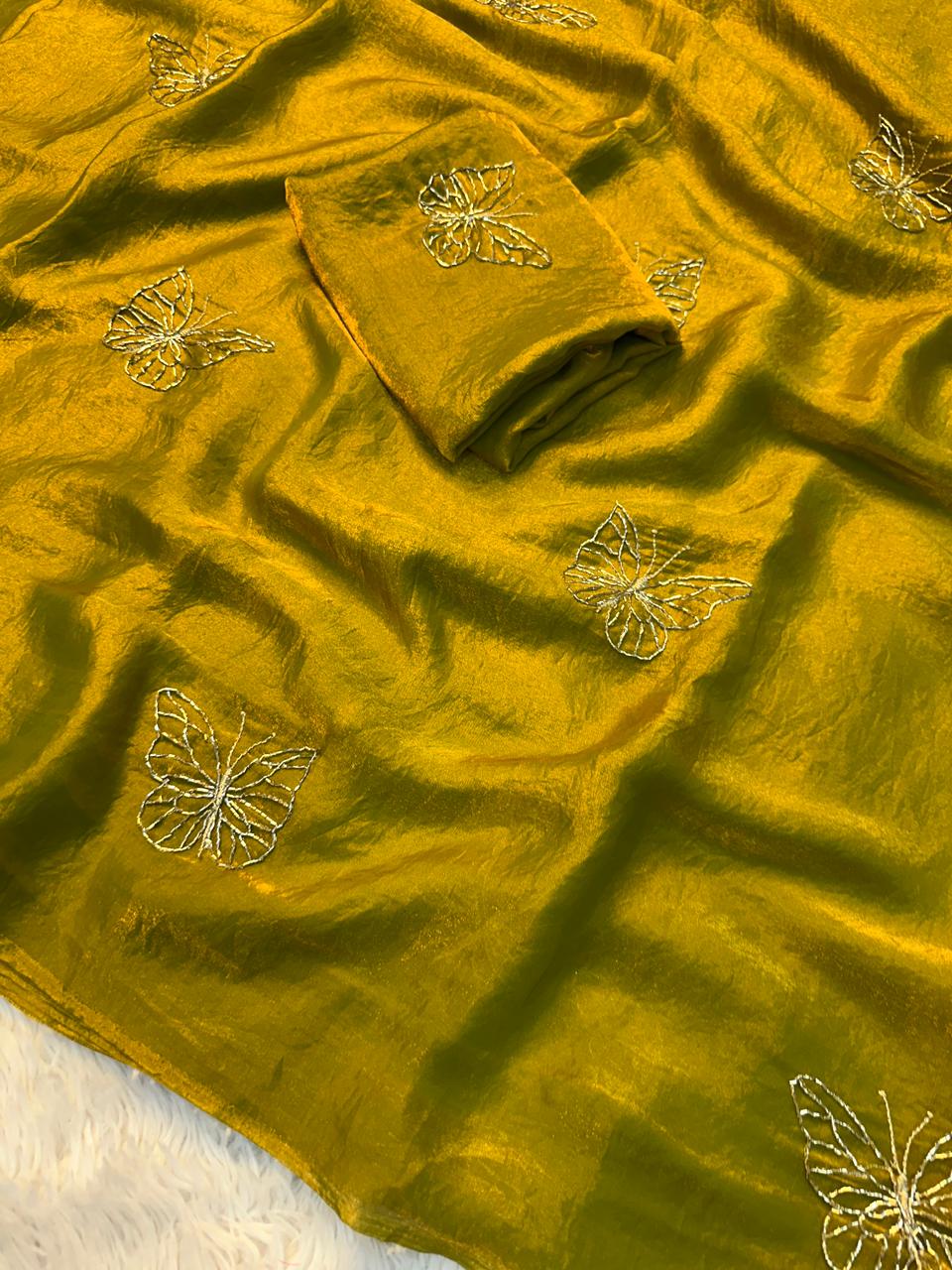 Designer Space Silk Saree with Butterfly Beads Handwork and Embroidered Blouse
