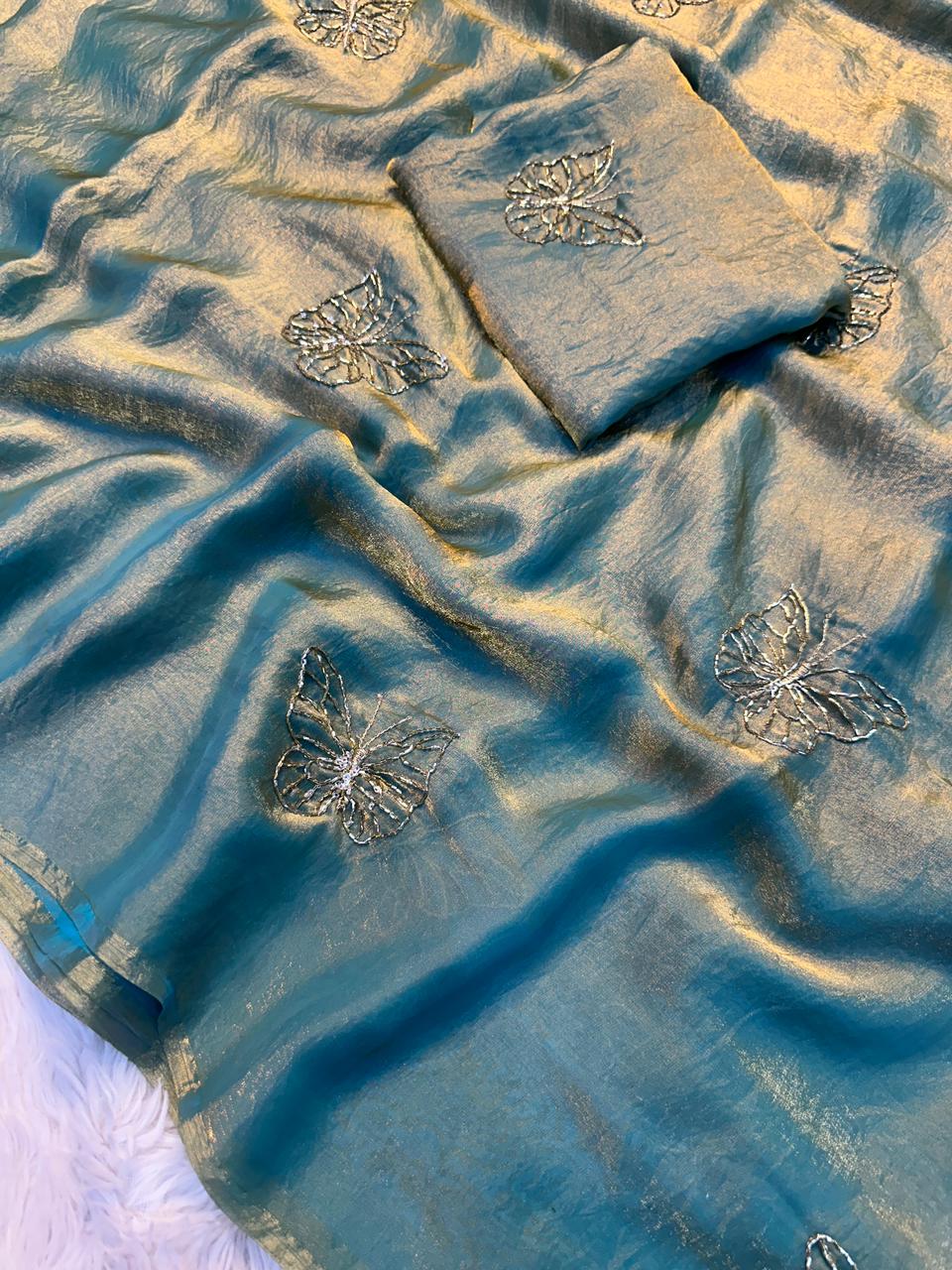 Designer Space Silk Saree with Butterfly Beads Handwork and Embroidered Blouse
