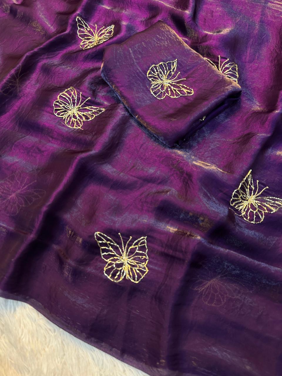 Designer Space Silk Saree with Butterfly Beads Handwork and Embroidered Blouse
