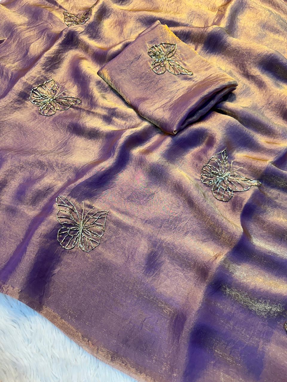 Designer Space Silk Saree with Butterfly Beads Handwork and Embroidered Blouse