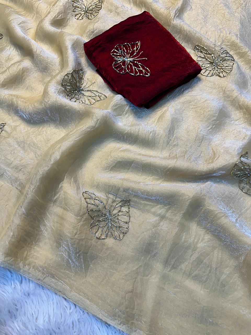 Designer Space Silk Saree with Butterfly Beads Handwork and Embroidered Blouse