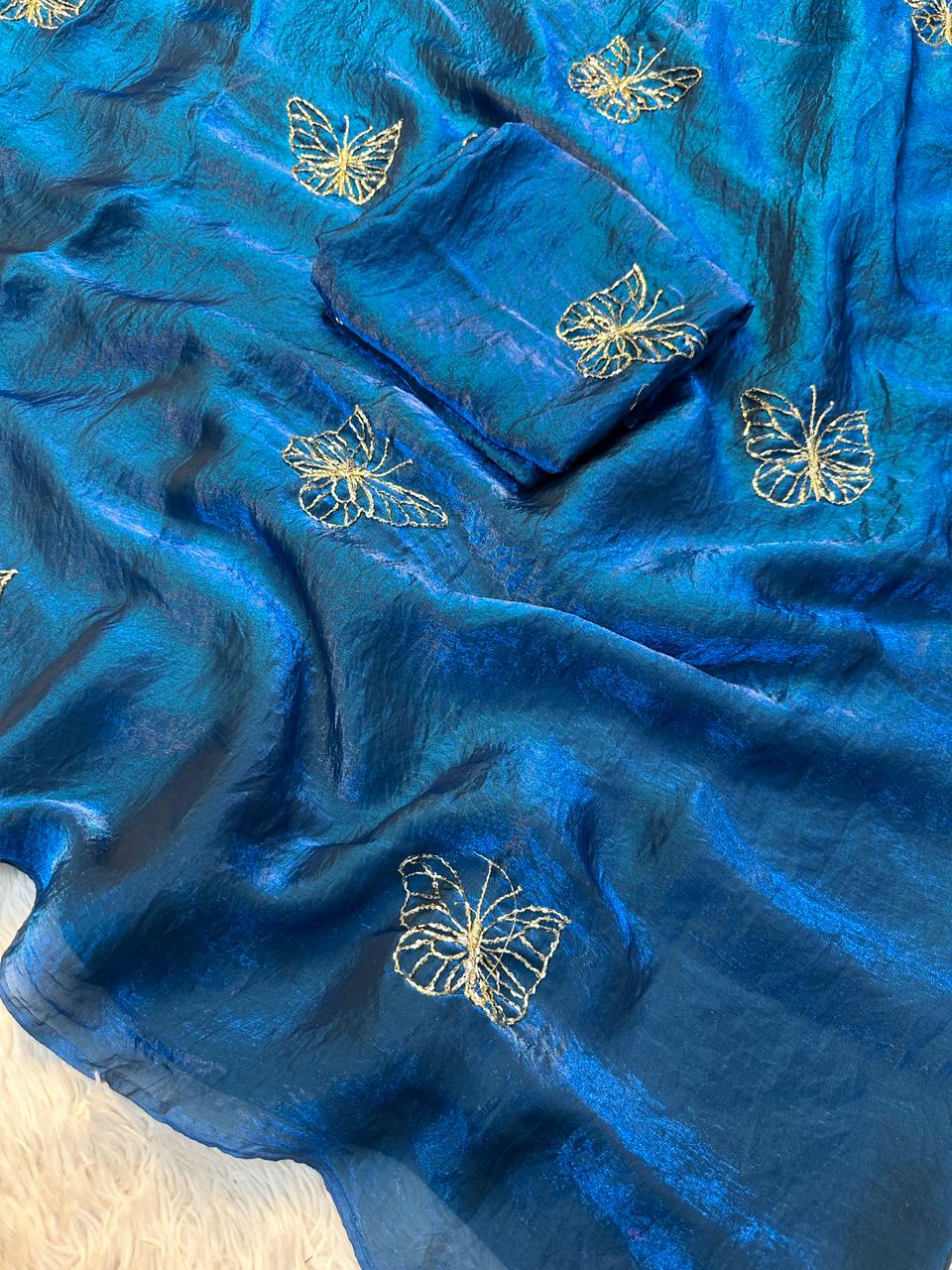 Designer Space Silk Saree with Butterfly Beads Handwork and Embroidered Blouse