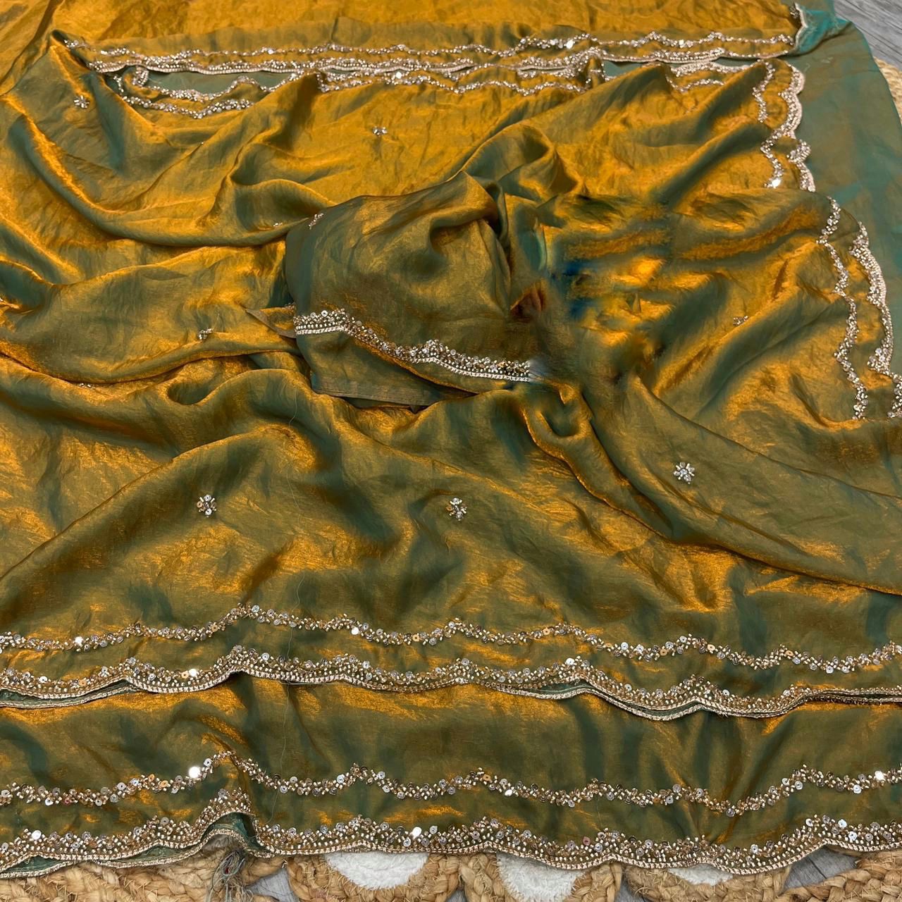 Party Wear Fandy Satin Silk Saree with Rose Gold Beads Handwork With Designer Blouse