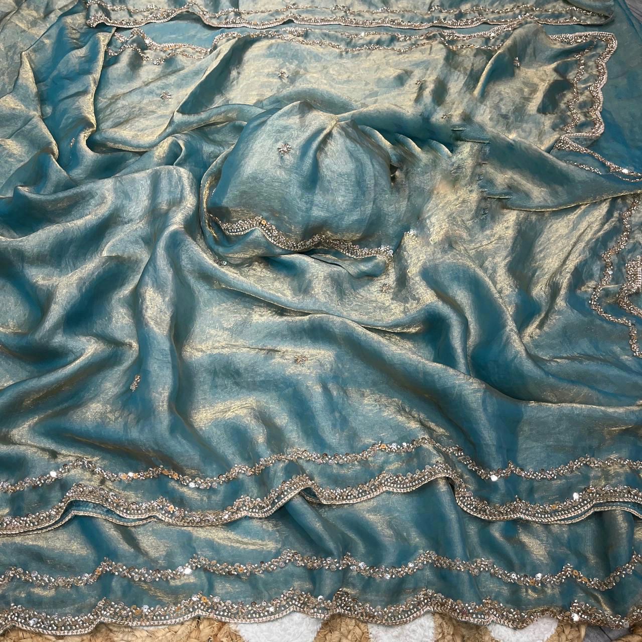 Party Wear Fandy Satin Silk Saree with Rose Gold Beads Handwork With Designer Blouse