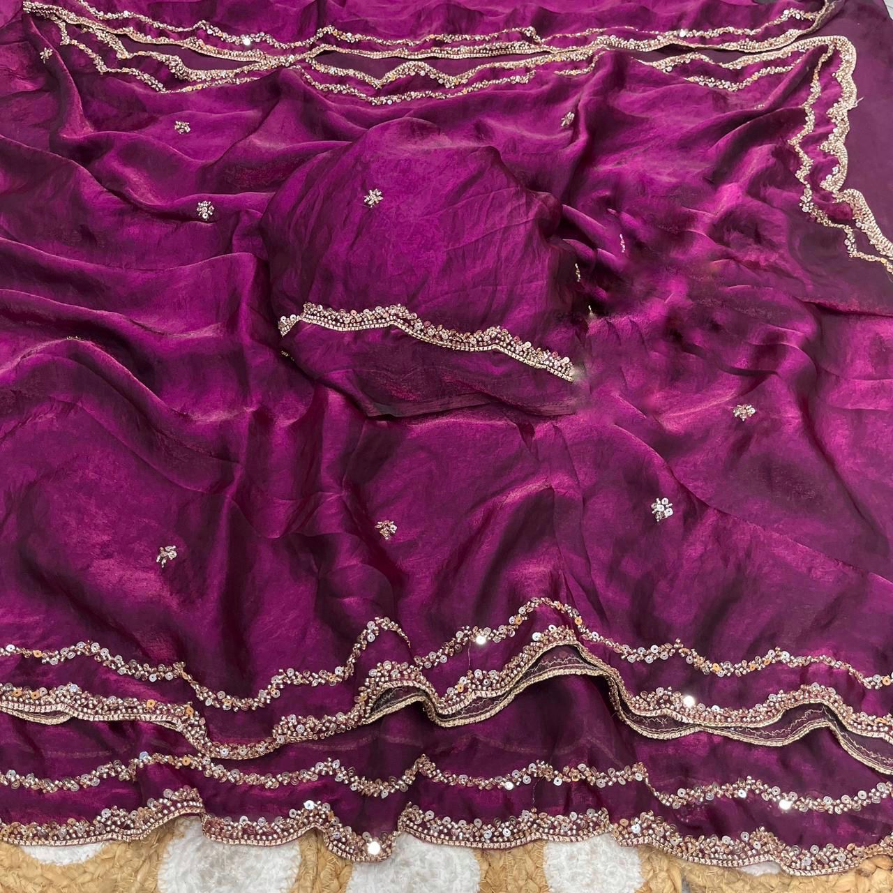 Party Wear Fandy Satin Silk Saree with Rose Gold Beads Handwork With Designer Blouse