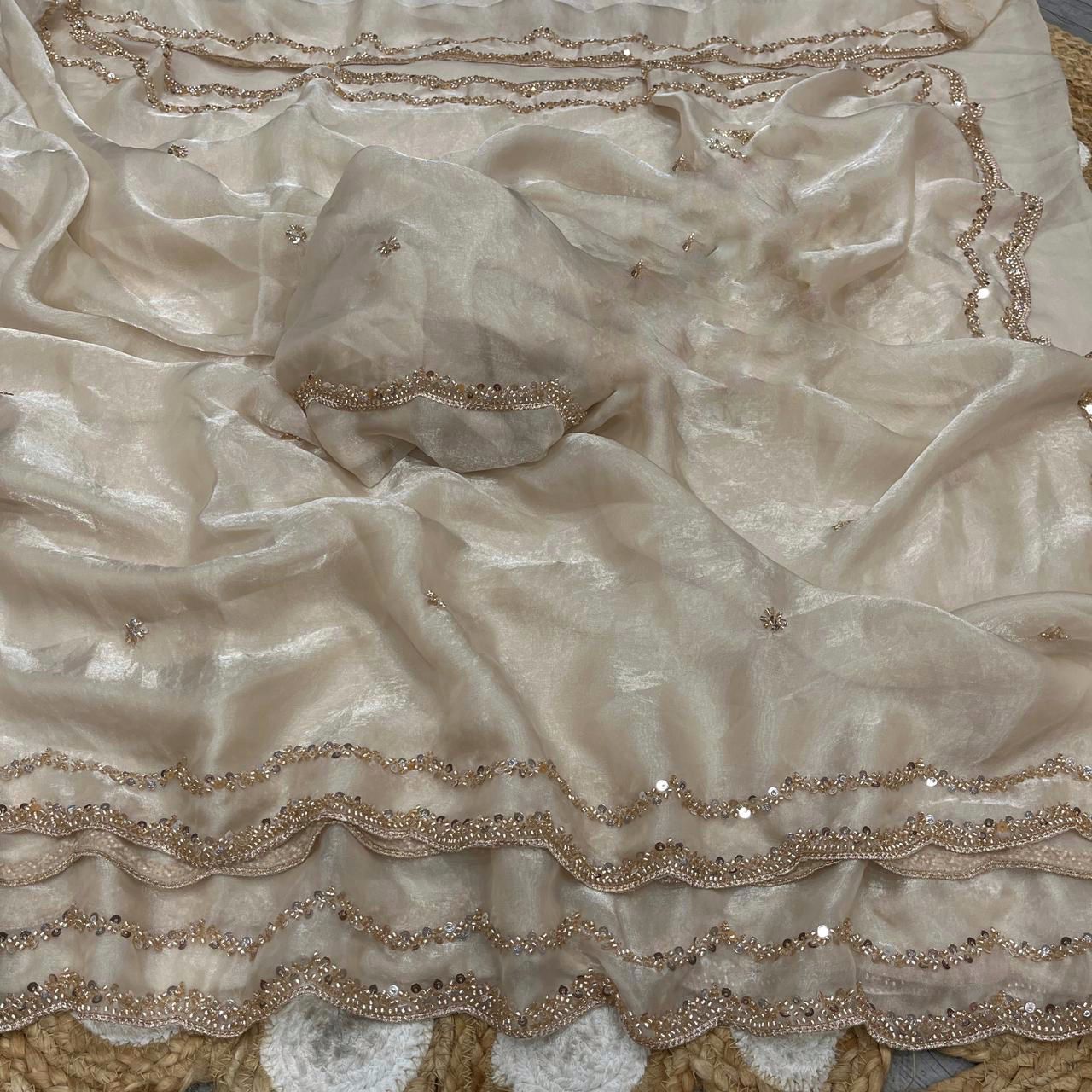Party Wear Fandy Satin Silk Saree with Rose Gold Beads Handwork With Designer Blouse