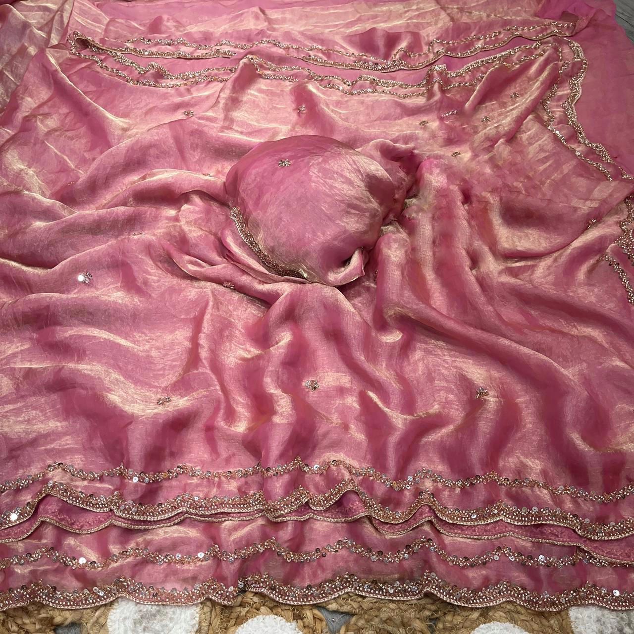 Party Wear Fandy Satin Silk Saree with Rose Gold Beads Handwork With Designer Blouse