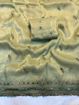 Soft Gold Crush Fabric Saree with Fancy Thread Embroidery Work & Designer Embroidered Blouse