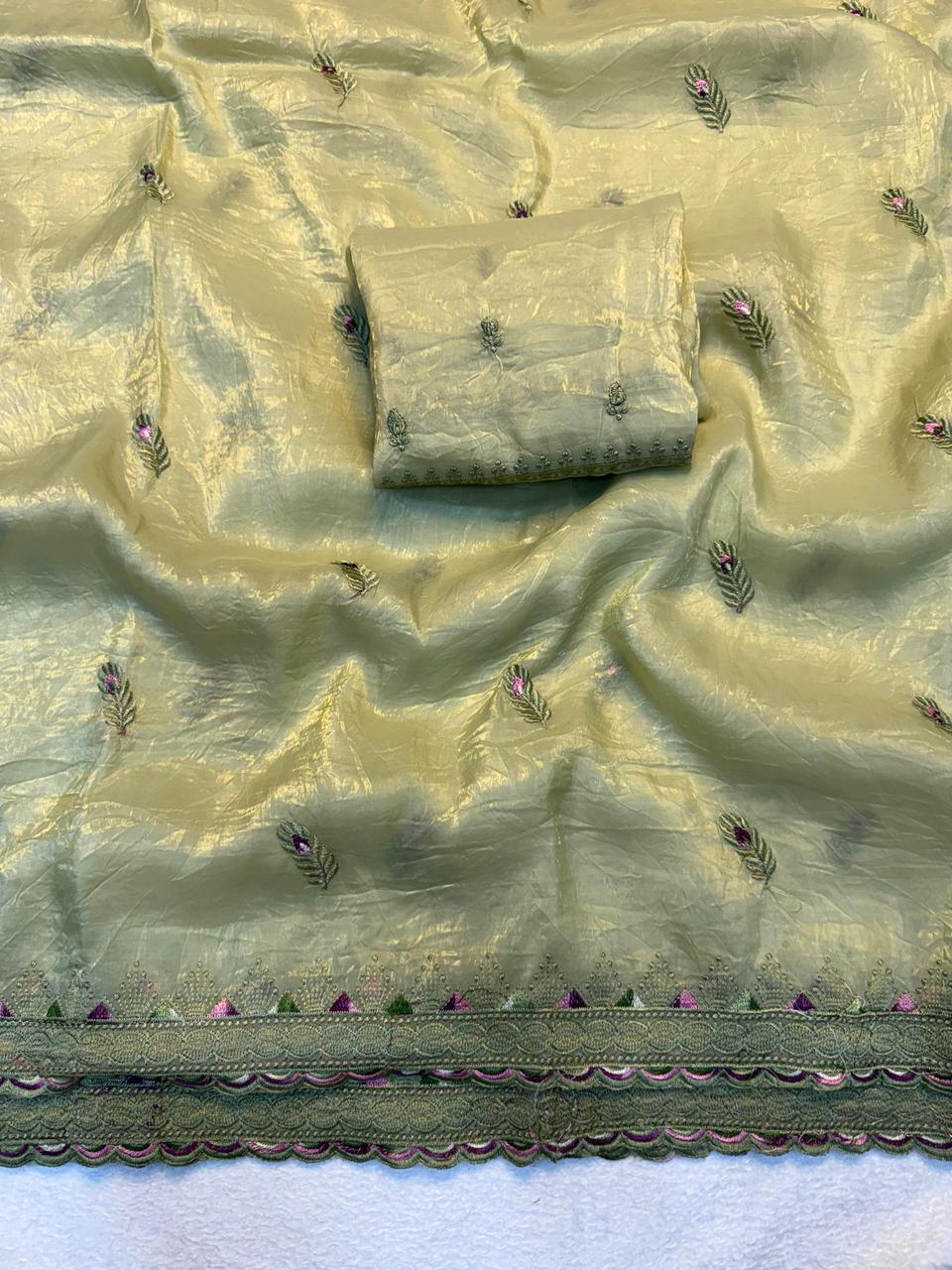 Soft Gold Crush Fabric Saree with Fancy Thread Embroidery Work & Designer Embroidered Blouse