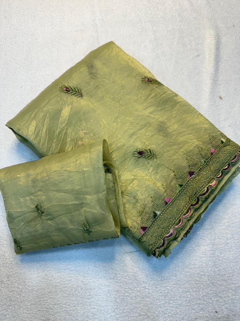 Soft Gold Crush Fabric Saree with Fancy Thread Embroidery Work & Designer Embroidered Blouse