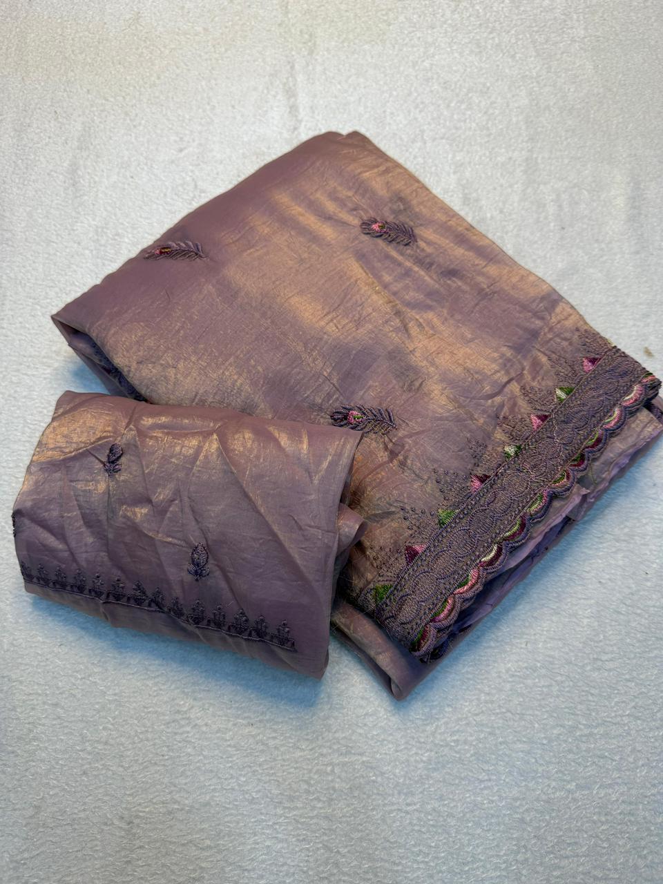 Soft Gold Crush Fabric Saree with Fancy Thread Embroidery Work & Designer Embroidered Blouse