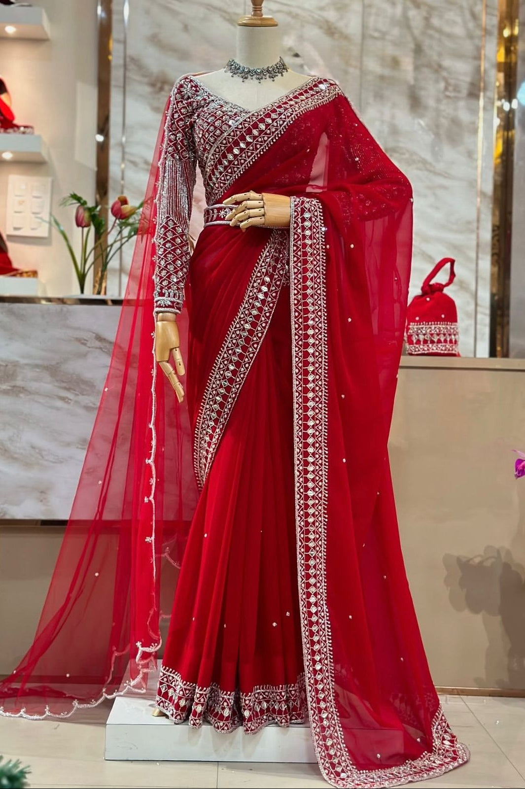 Designer Tibby Silk Saree with Thread Embroidery, Sequins Work, Pearl Detailing, Kamar Belt & Net Dupatta
