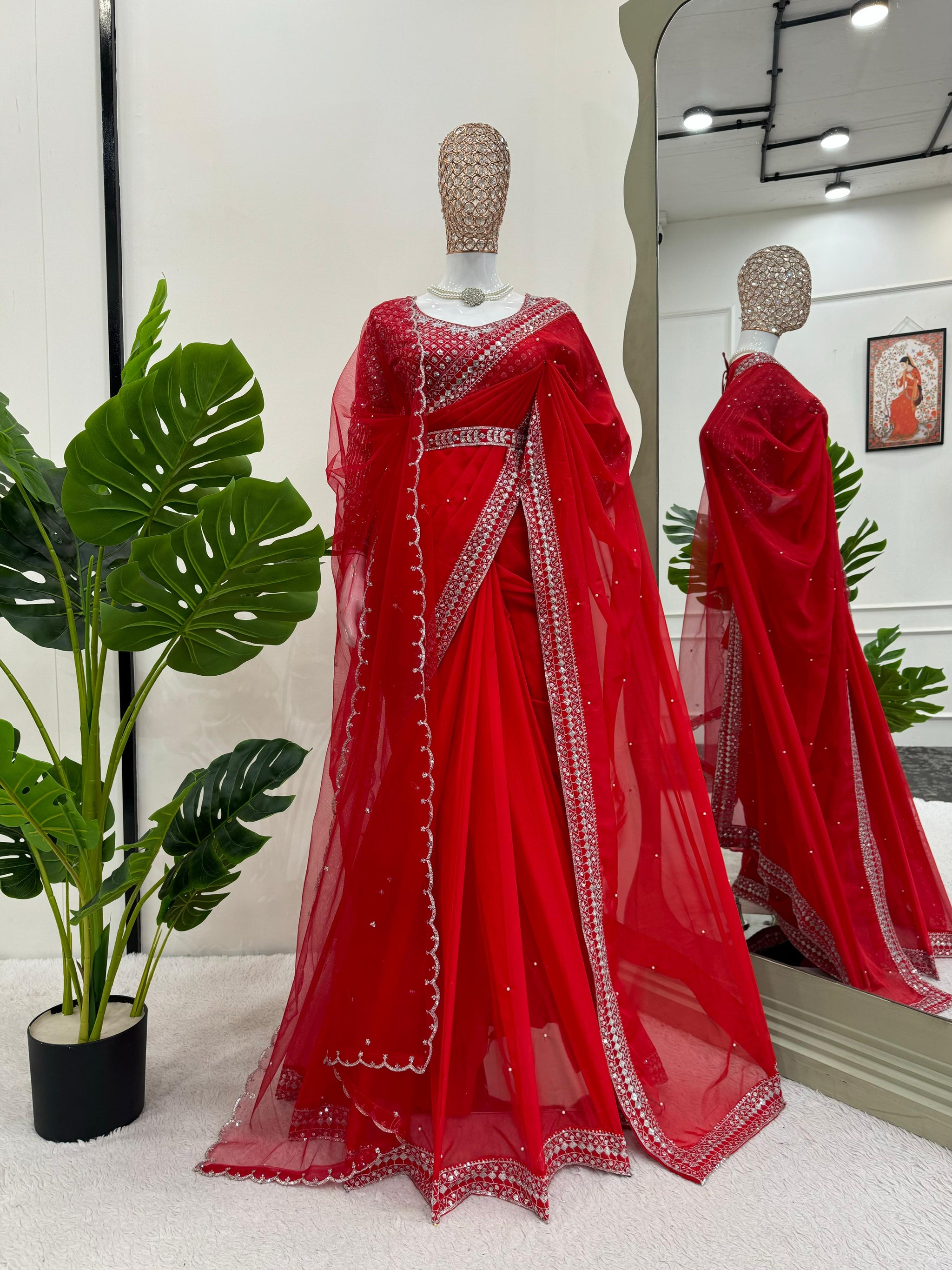 Designer Tibby Silk Saree with Thread Embroidery, Sequins Work, Pearl Detailing, Kamar Belt & Net Dupatta