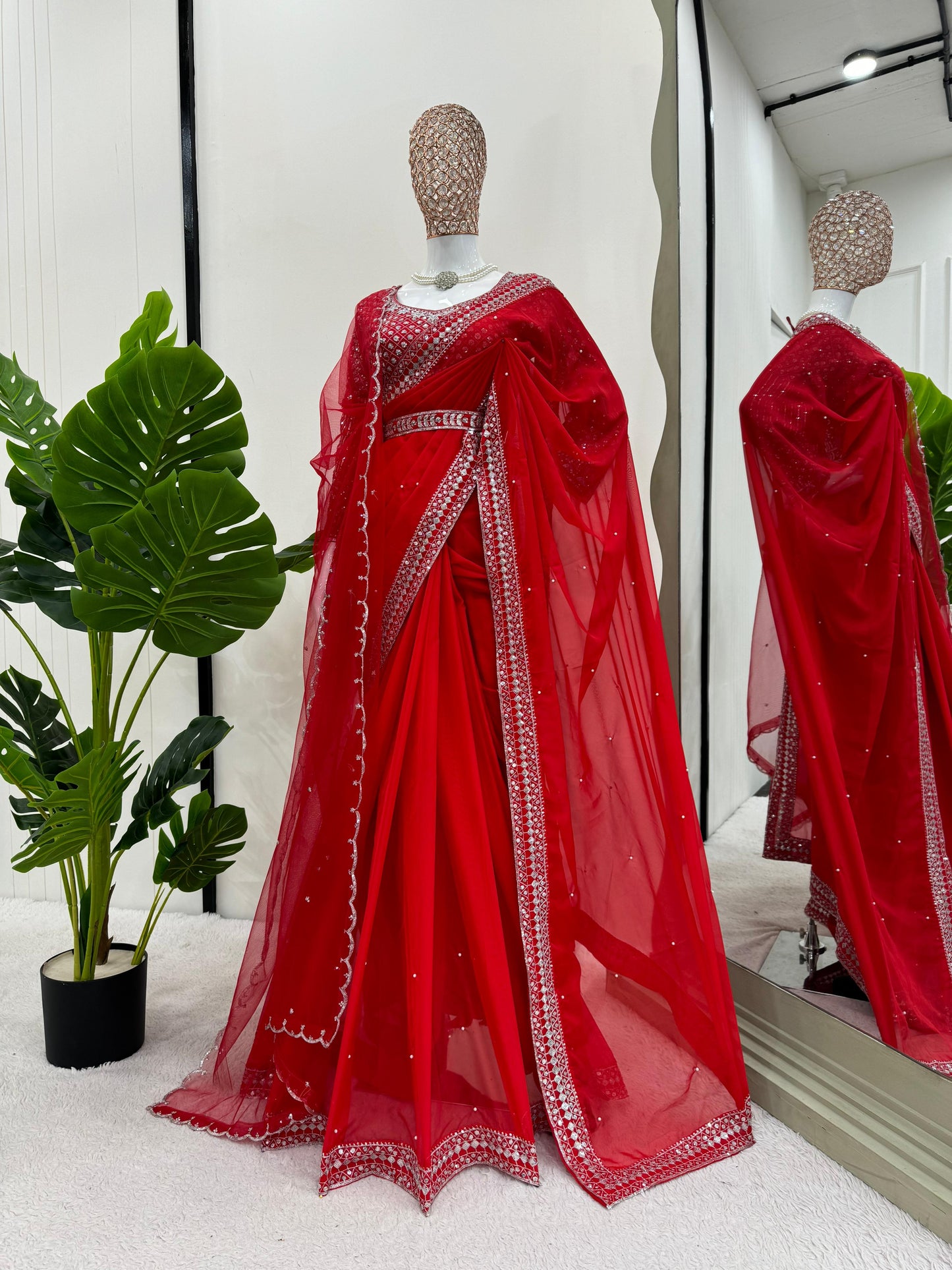 Designer Tibby Silk Saree with Thread Embroidery, Sequins Work, Pearl Detailing, Kamar Belt & Net Dupatta