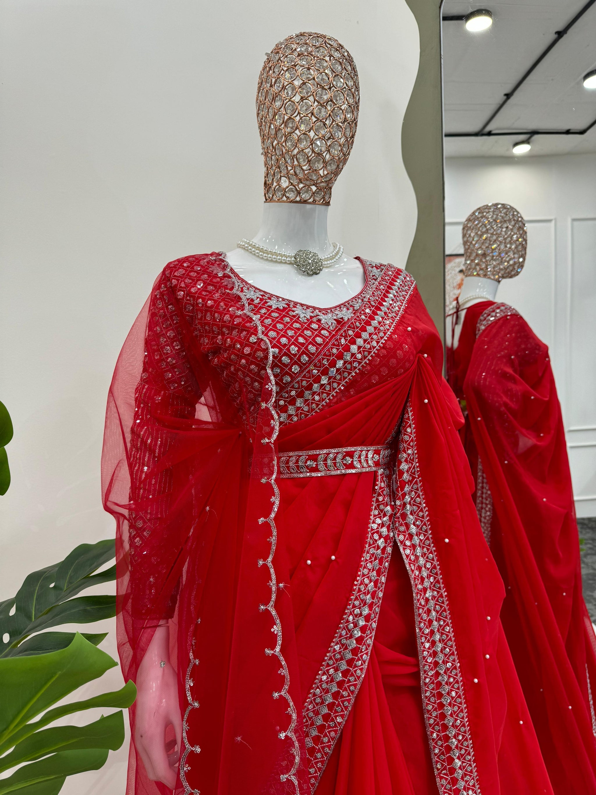 Designer Tibby Silk Saree with Thread Embroidery, Sequins Work, Pearl Detailing, Kamar Belt & Net Dupatta