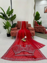 Designer Tibby Silk Saree with Thread Embroidery, Sequins Work, Pearl Detailing, Kamar Belt & Net Dupatta