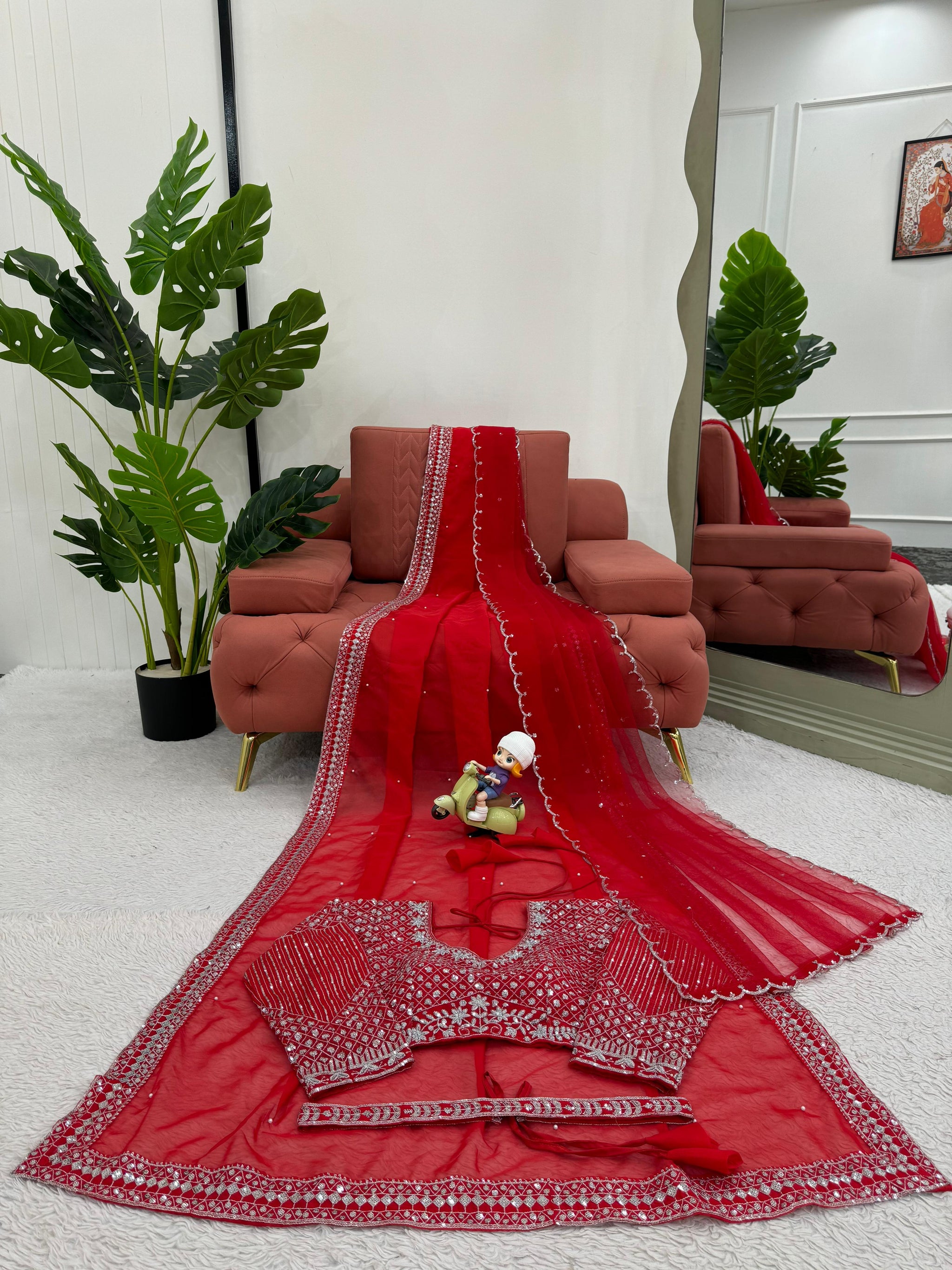 Designer Tibby Silk Saree with Thread Embroidery, Sequins Work, Pearl Detailing, Kamar Belt & Net Dupatta