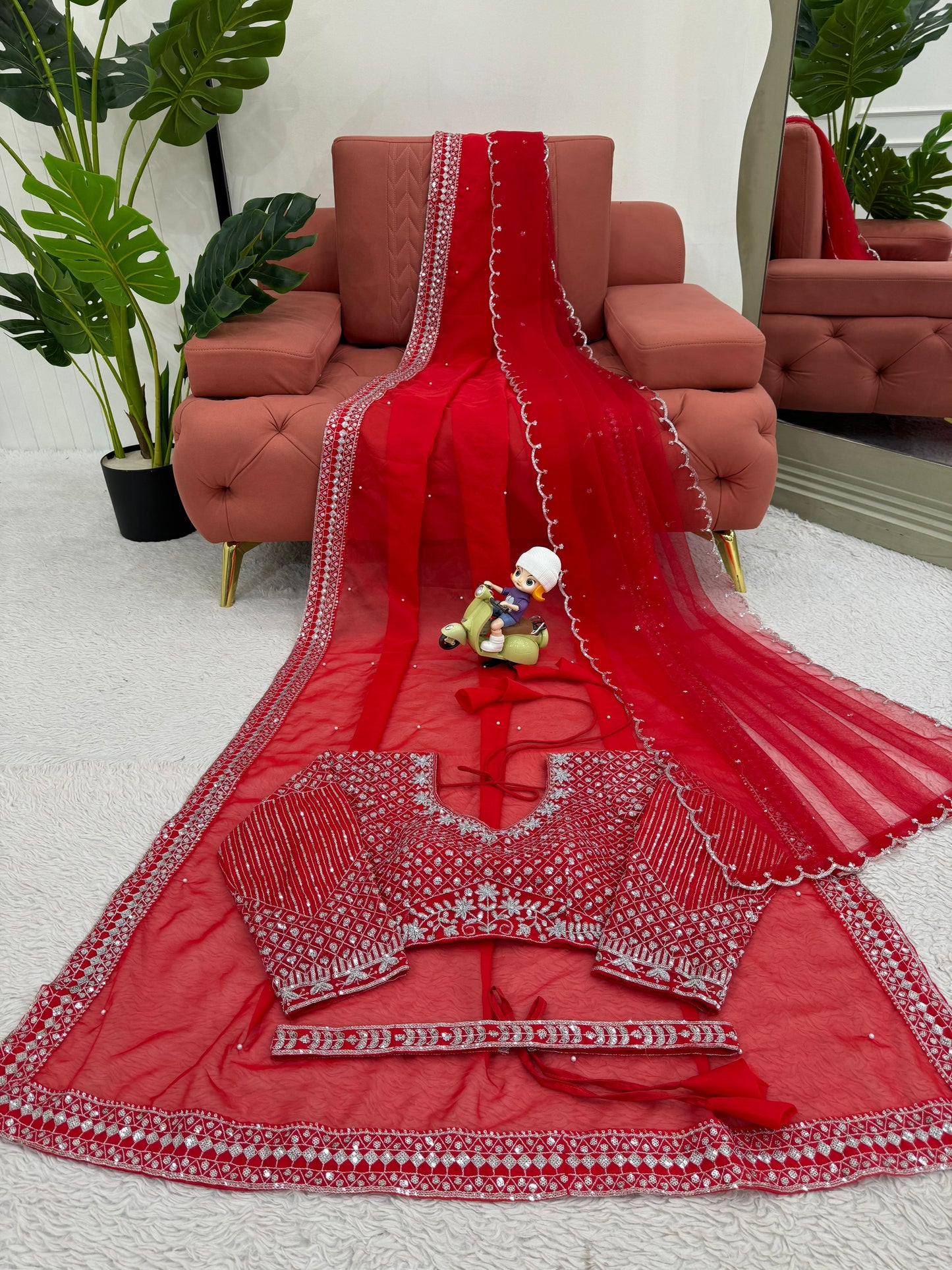 Designer Tibby Silk Saree with Thread Embroidery, Sequins Work, Pearl Detailing, Kamar Belt & Net Dupatta