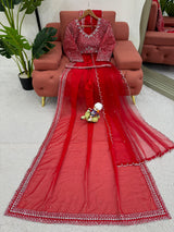 Designer Tibby Silk Saree with Thread Embroidery, Sequins Work, Pearl Detailing, Kamar Belt & Net Dupatta