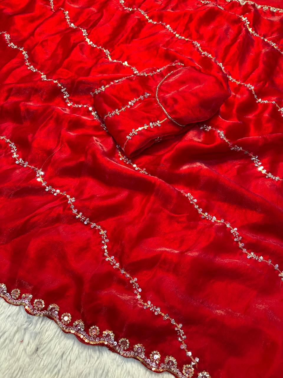 Premium Fandy Satin Silk Saree with All Over Beads Handwork & Designer Blouse