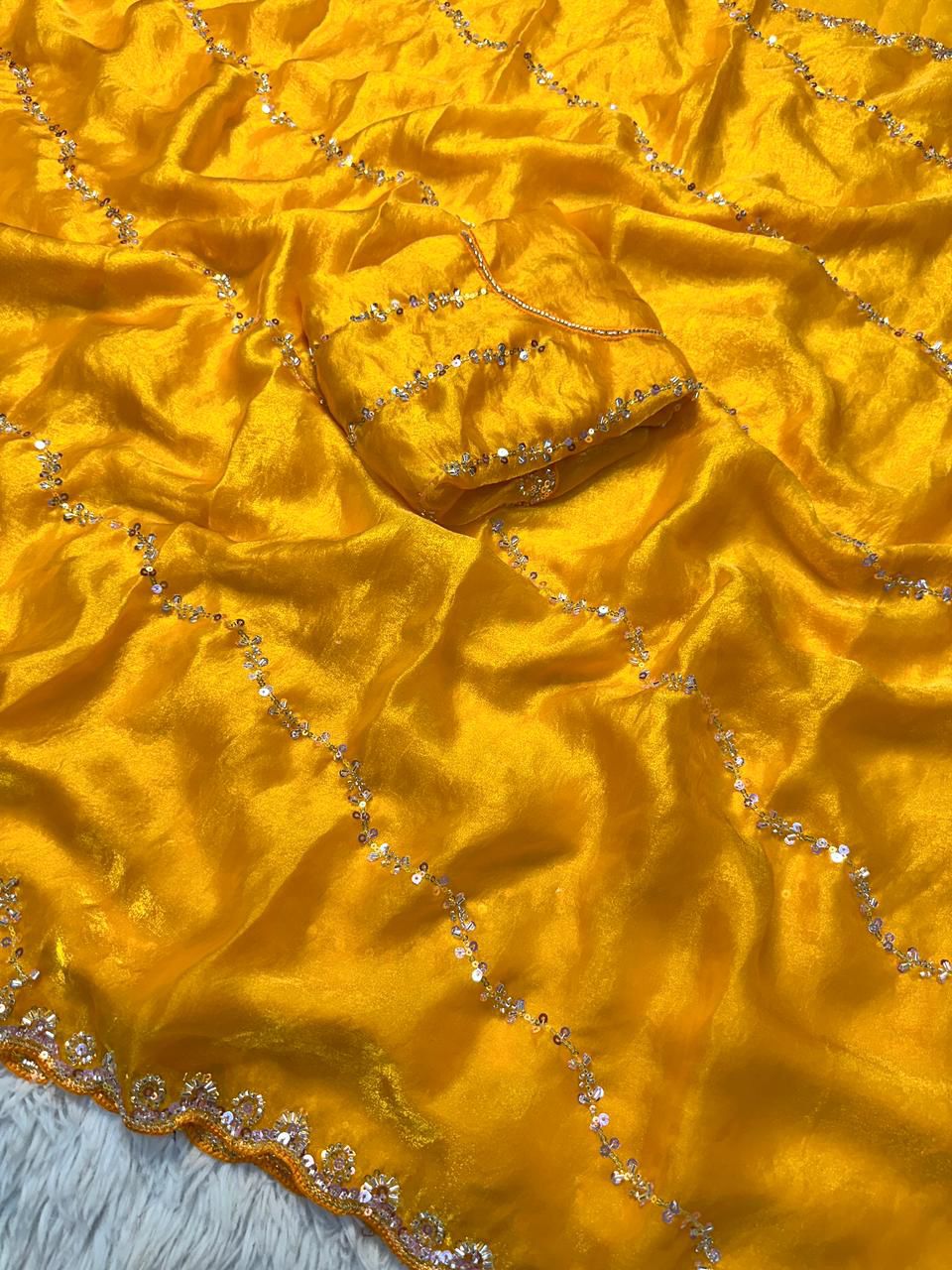 Premium Fandy Satin Silk Saree with All Over Beads Handwork & Designer Blouse