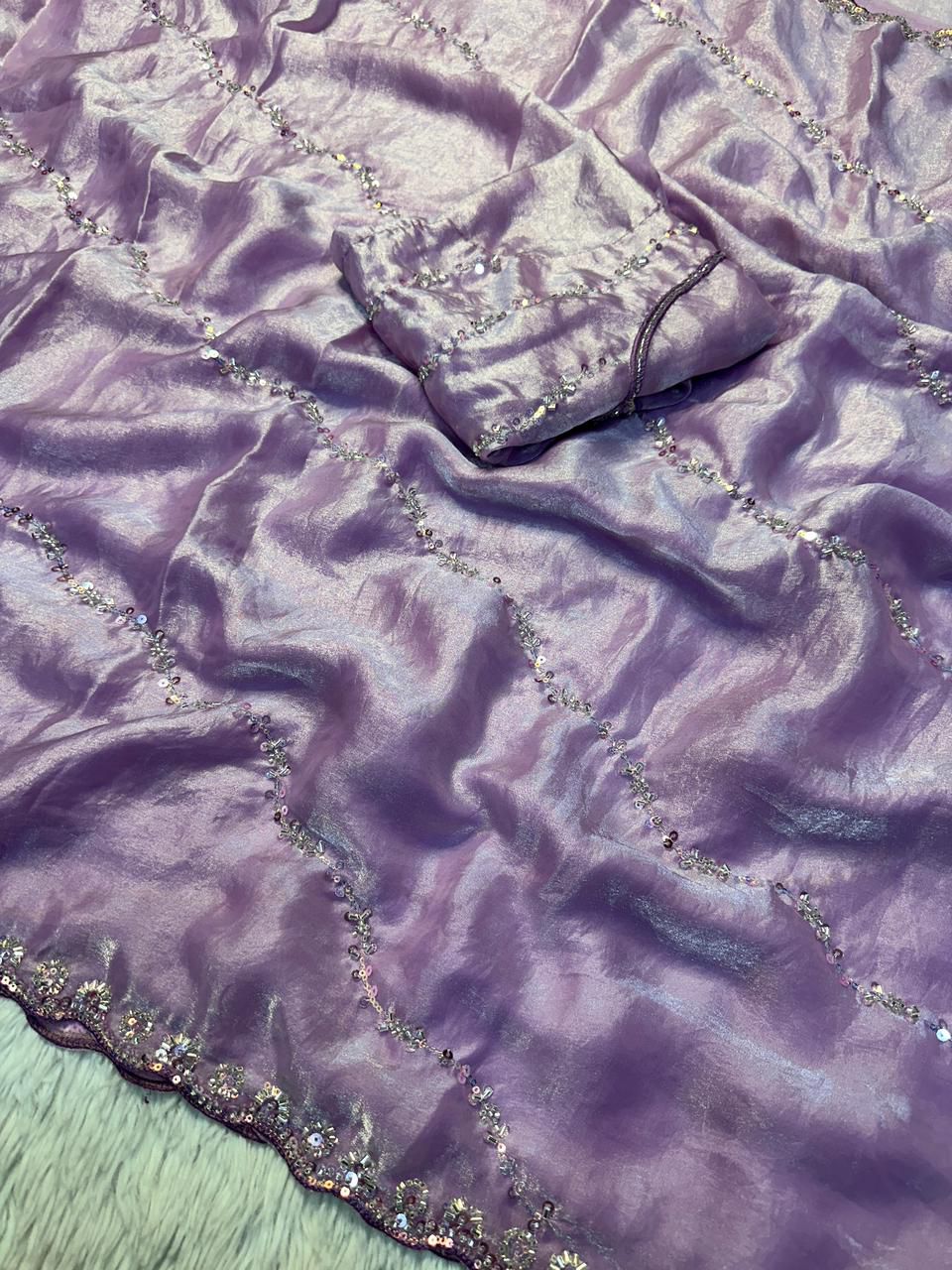 Premium Fandy Satin Silk Saree with All Over Beads Handwork & Designer Blouse