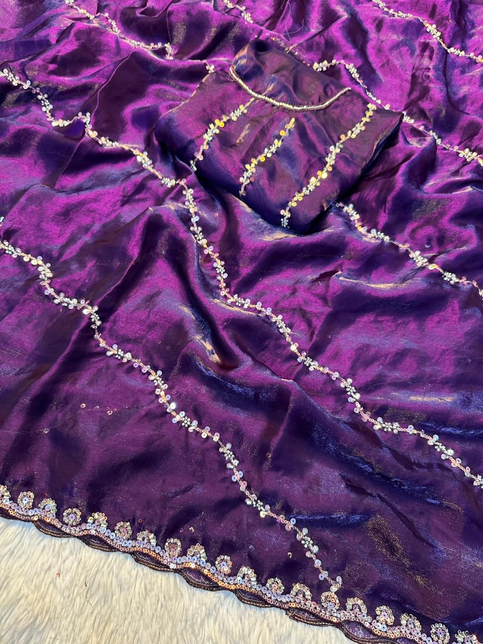 Premium Fandy Satin Silk Saree with All Over Beads Handwork & Designer Blouse
