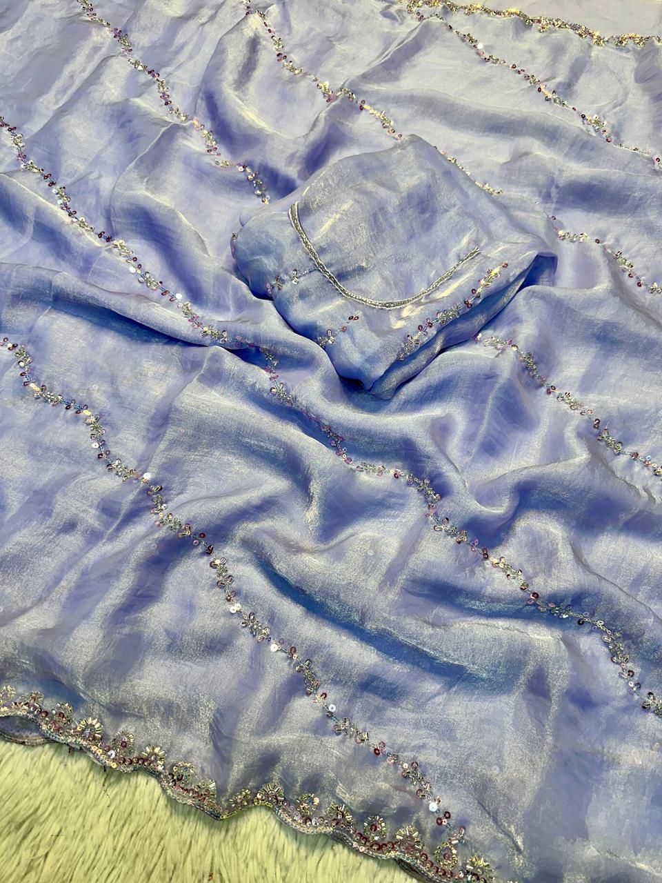 Premium Fandy Satin Silk Saree with All Over Beads Handwork & Designer Blouse