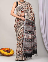 Premium Linen Saree with Digital Printed Pallu and Silver Zari Weaving Border