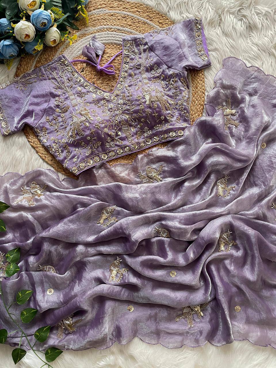 Handcrafted Khatli Work Satin Saree with Designer Stitched Blouse and Scalloped Border