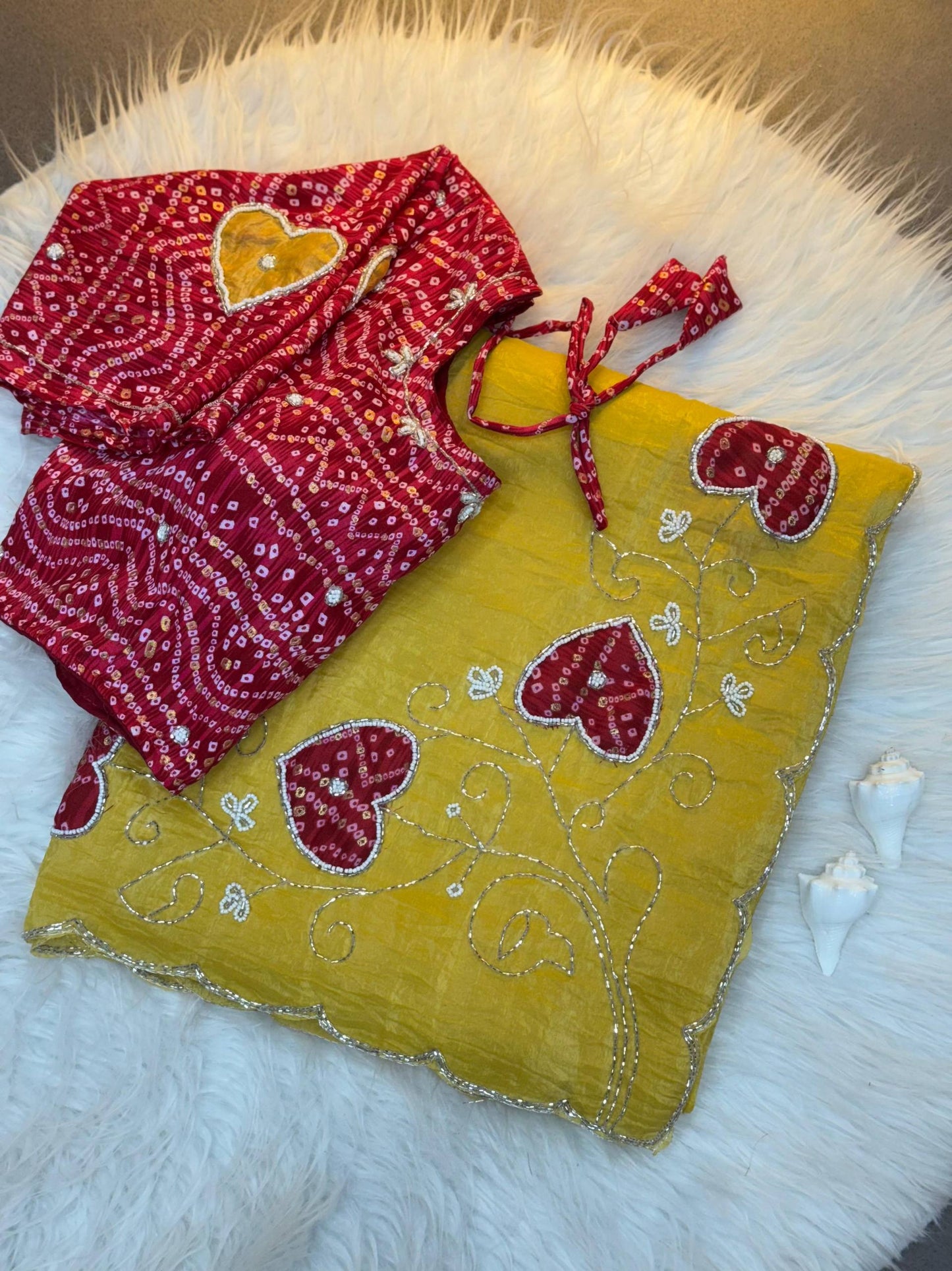 Two-Tone Gold Crush Silk Saree with Bandhej Handwork Cutdana Butta and Foil Print Stitched Blouse